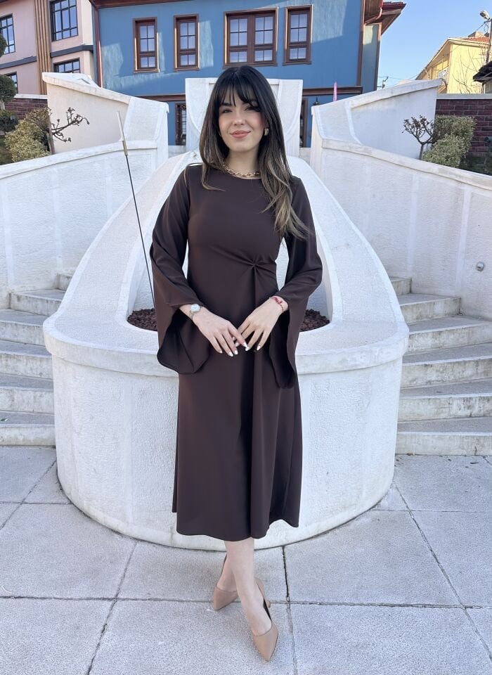 Acı Kahve Düğüm Detaylı Asimetrik Elbise