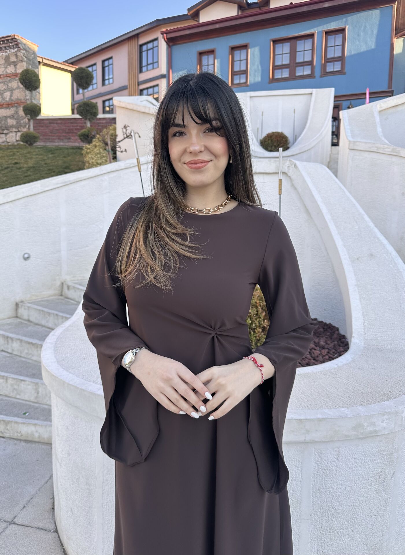 Acı Kahve Düğüm Detaylı Asimetrik Elbise