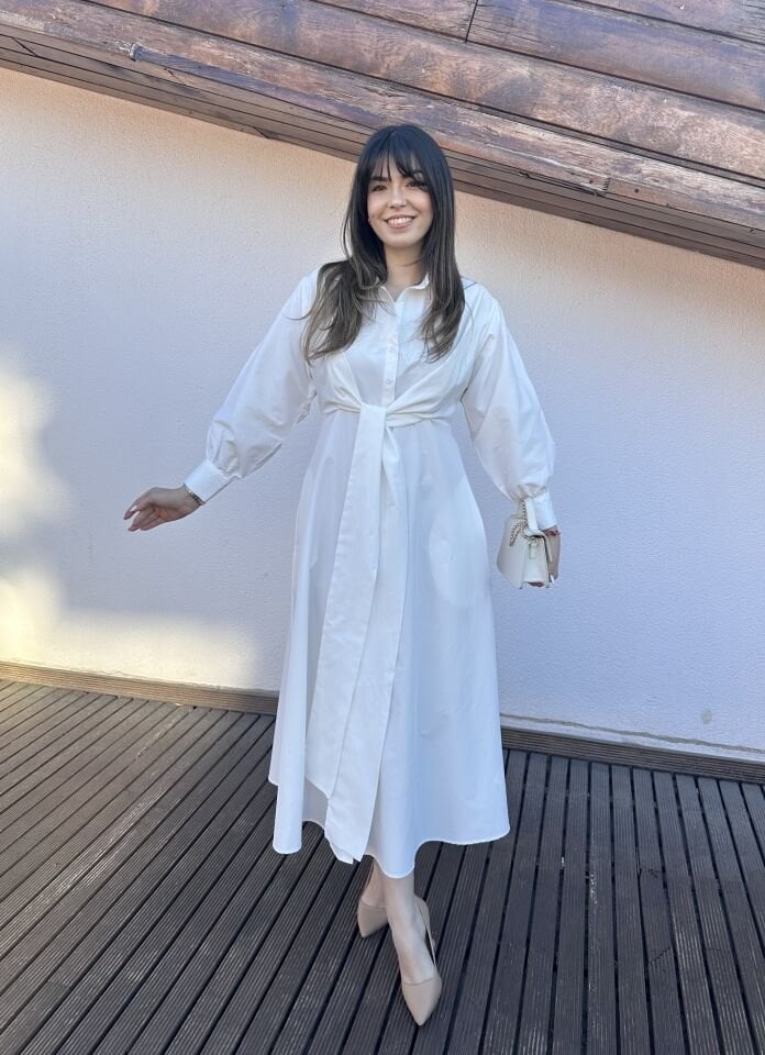 Beyaz Bağlama Detaylı Gömlek Elbise