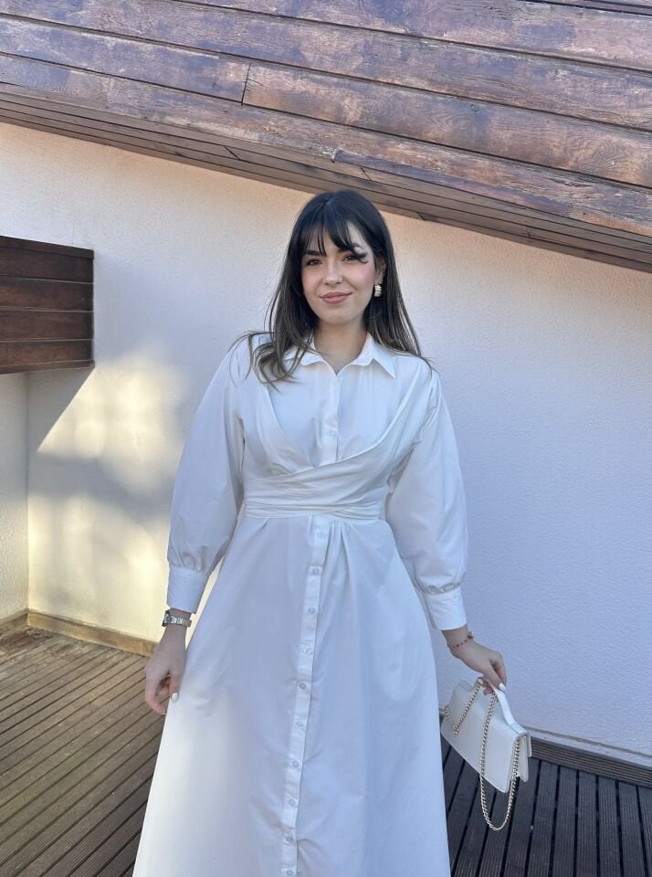 Beyaz Bağlama Detaylı Gömlek Elbise