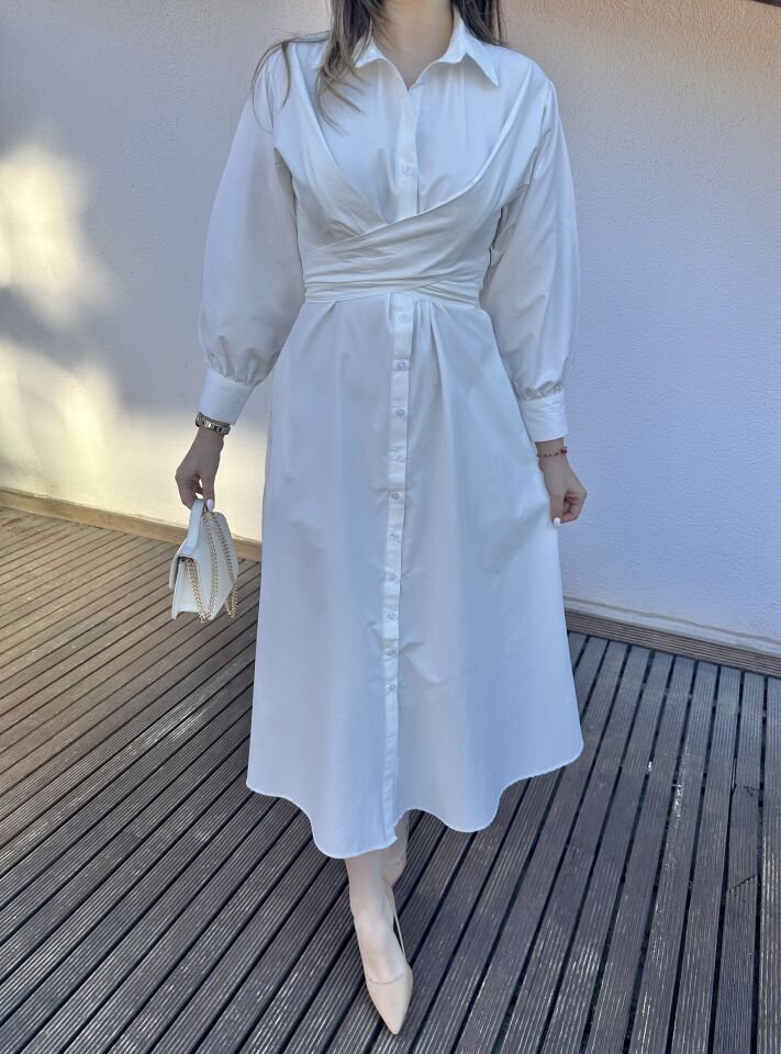 Beyaz Bağlama Detaylı Gömlek Elbise