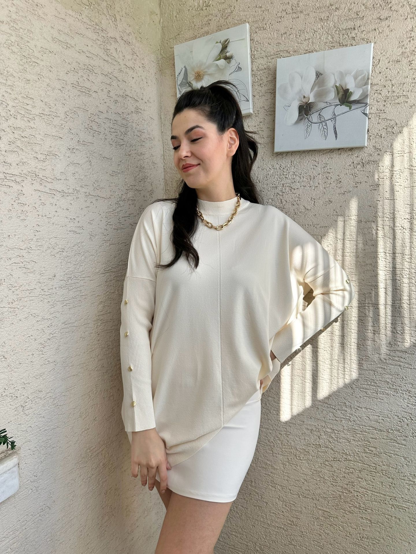 Taş Rengi Gold Düğmeli Merserize Triko