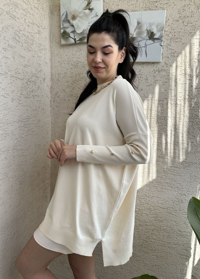 Taş Rengi Gold Düğmeli Merserize Triko