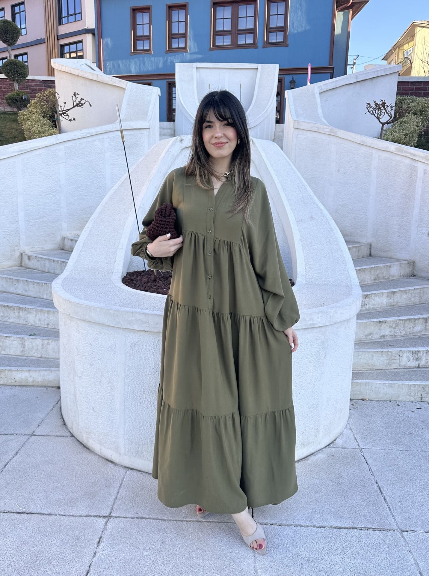 Haki Yeşili Balon Kol Maksi Elbise