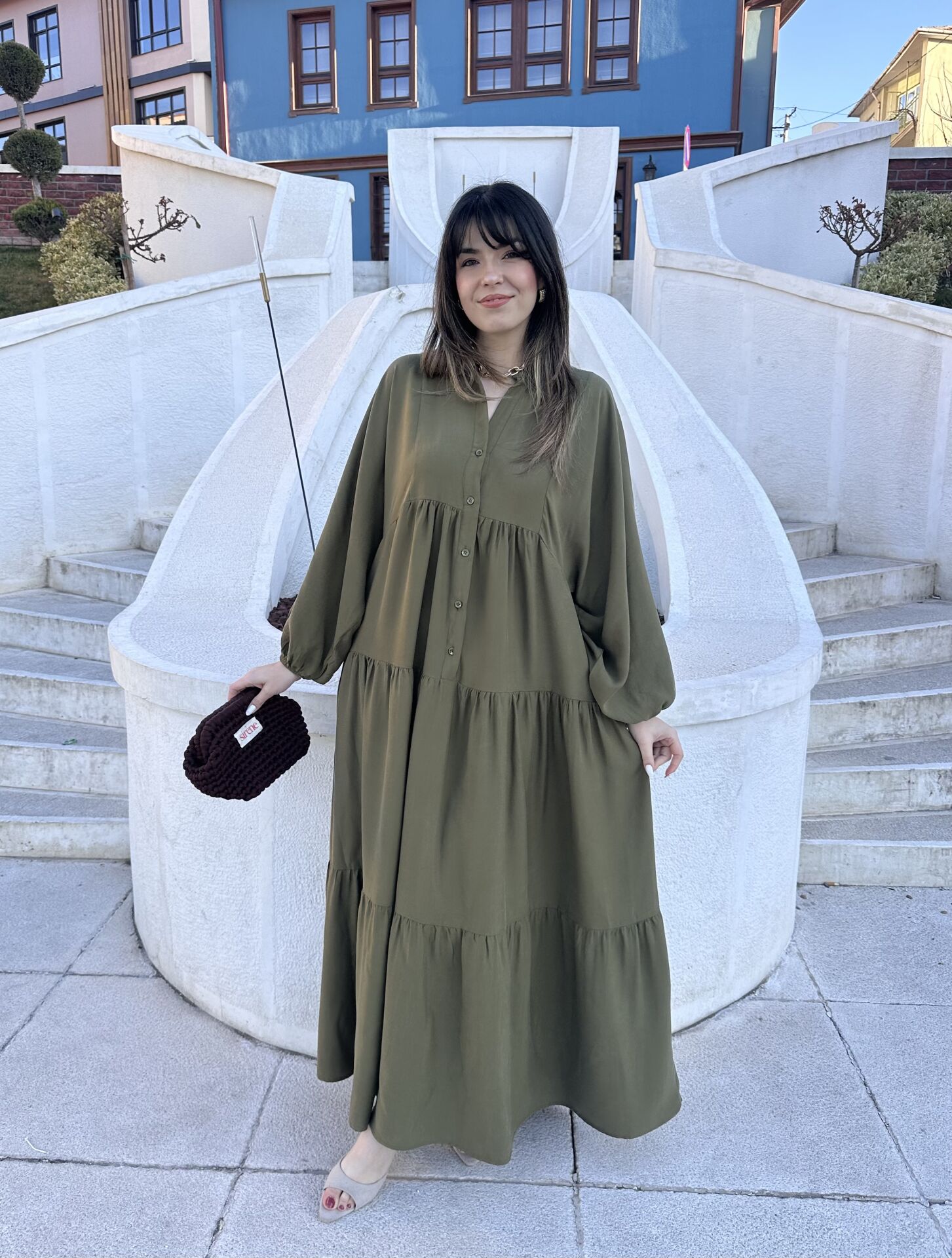 Haki Yeşili Balon Kol Maksi Elbise