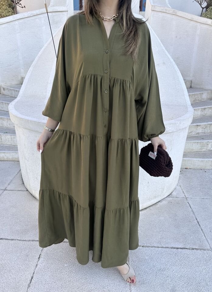 Haki Yeşili Balon Kol Maksi Elbise