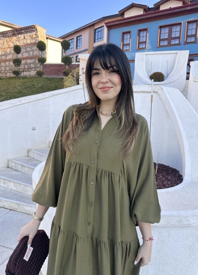 Haki Yeşili Balon Kol Maksi Elbise