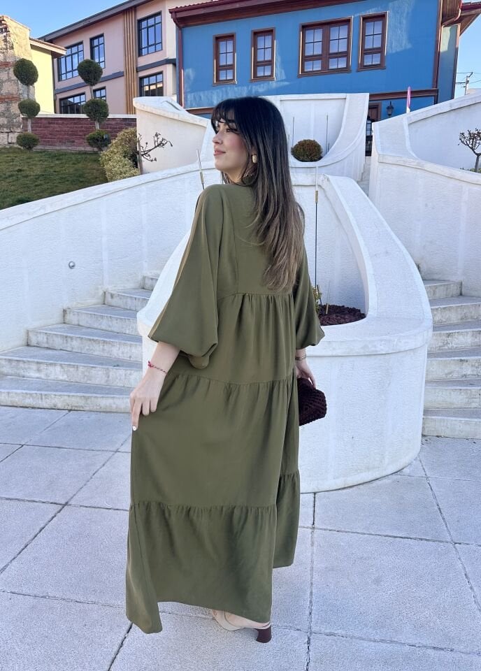 Haki Yeşili Balon Kol Maksi Elbise