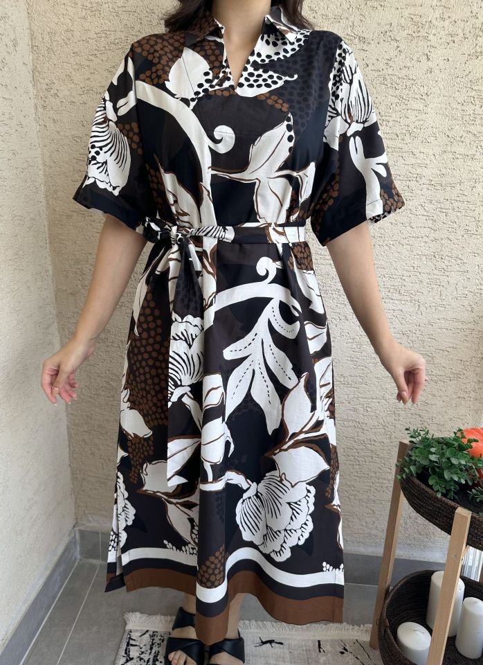 Kahverengi Çiçek Desenli Poplin Elbise
