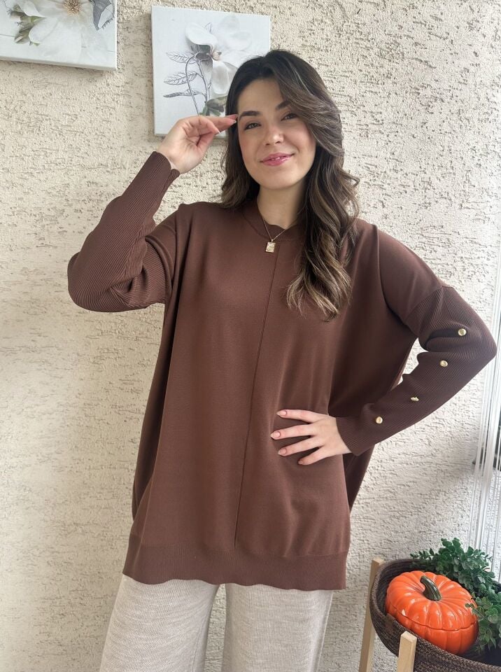 Kahverengi Gold Düğmeli Merserize Triko