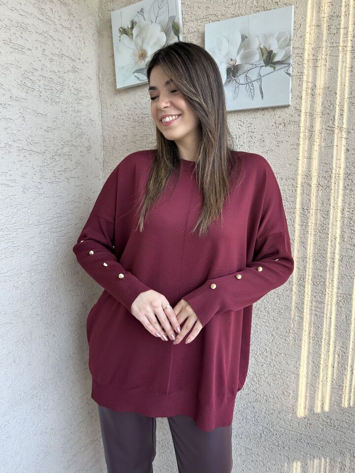 Bordo Gold Düğmeli Merserize Triko