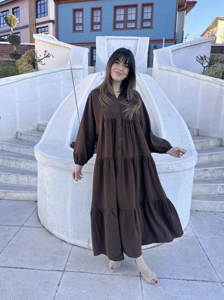 Kahve Balon Kol Maksi Elbise