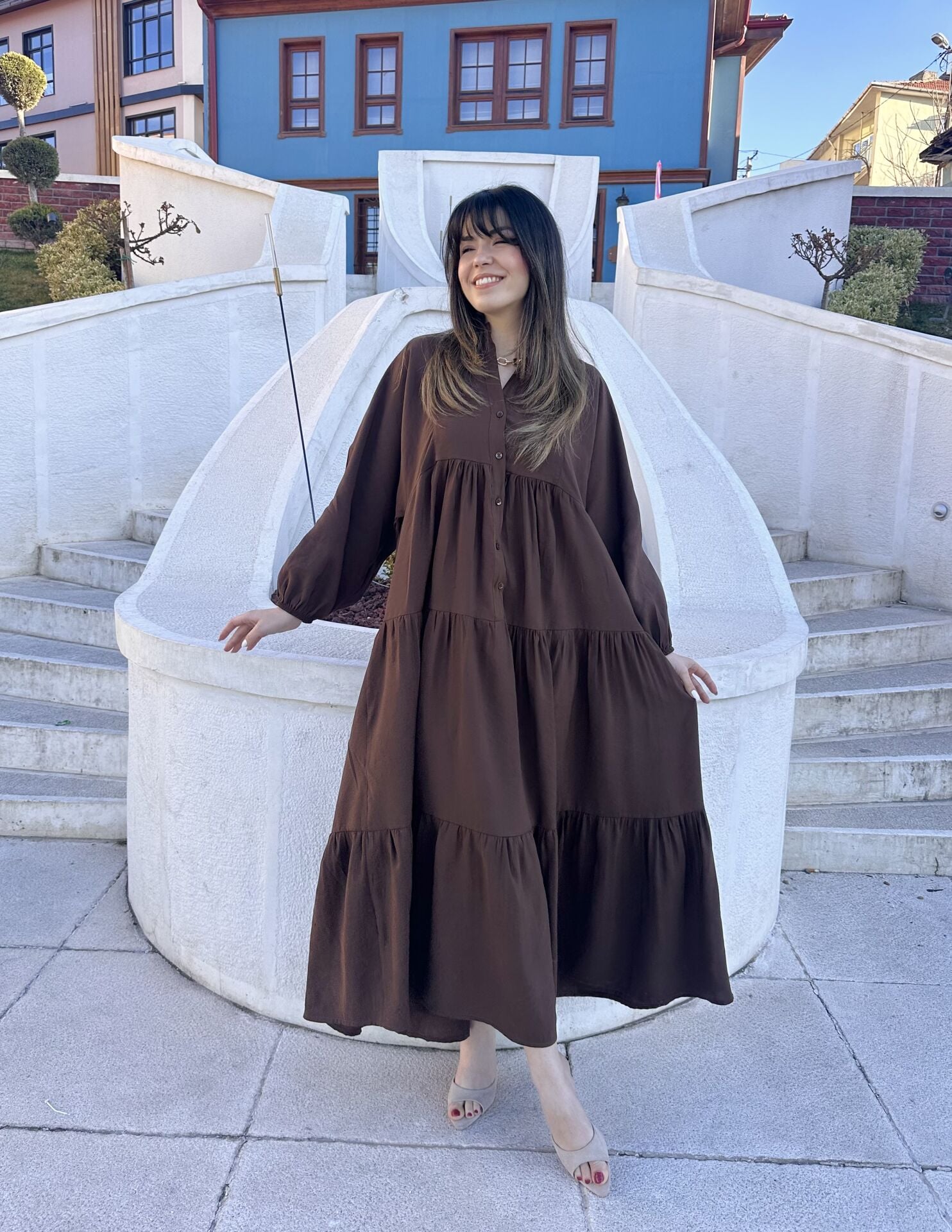 Kahve Balon Kol Maksi Elbise