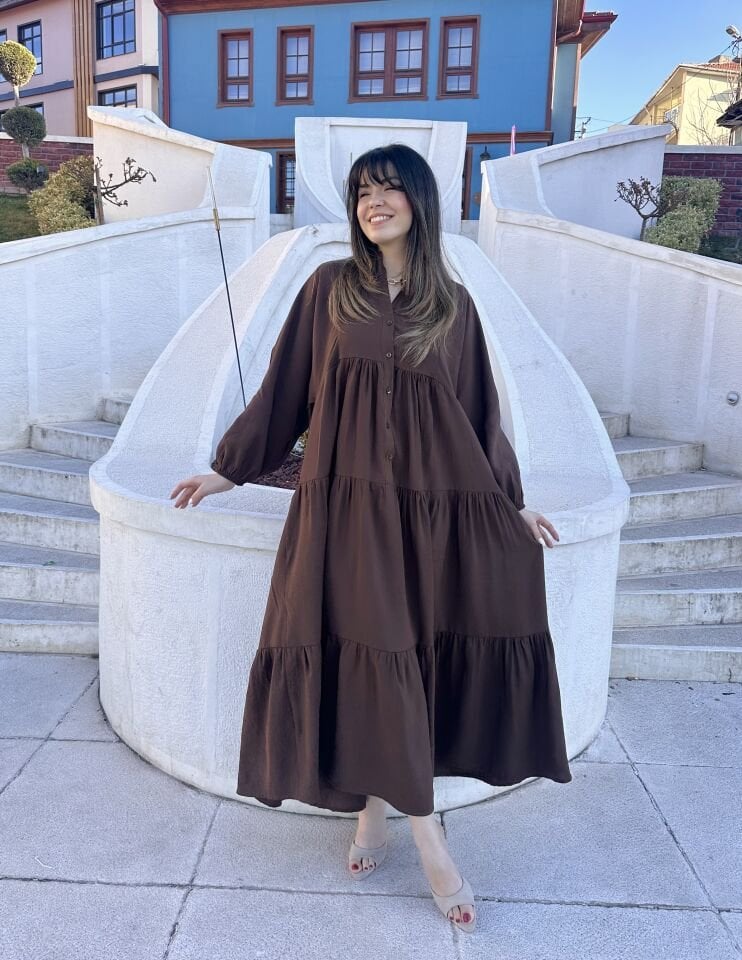 Kahve Balon Kol Maksi Elbise