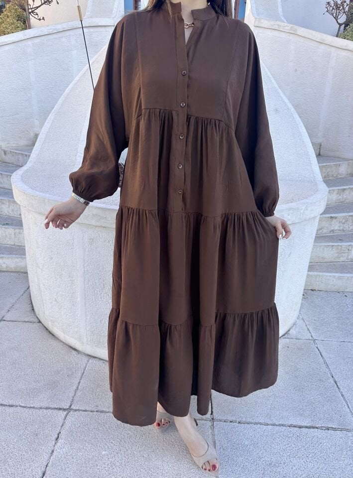 Kahve Balon Kol Maksi Elbise