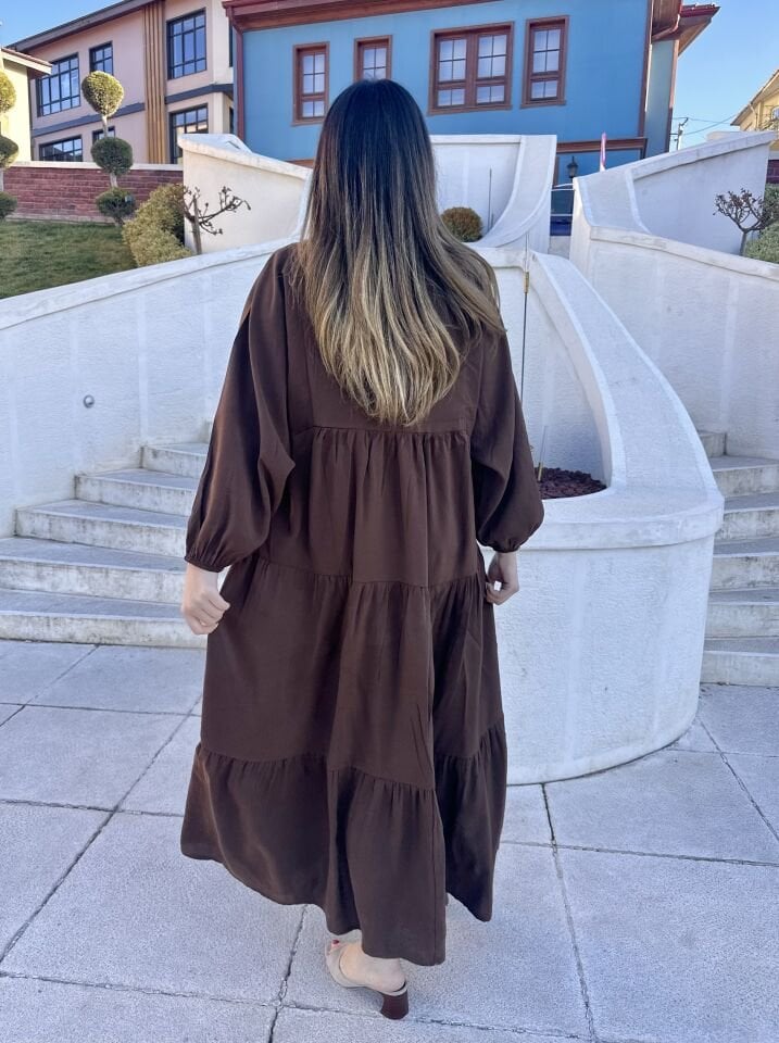 Kahve Balon Kol Maksi Elbise