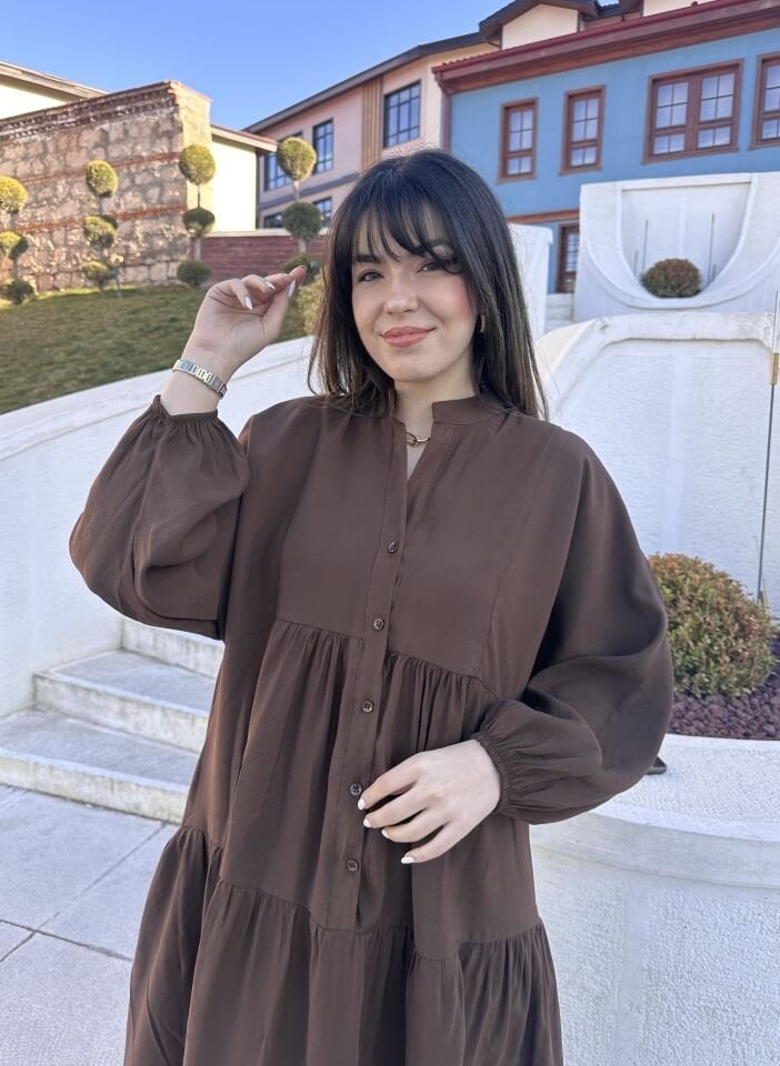 Kahve Balon Kol Maksi Elbise