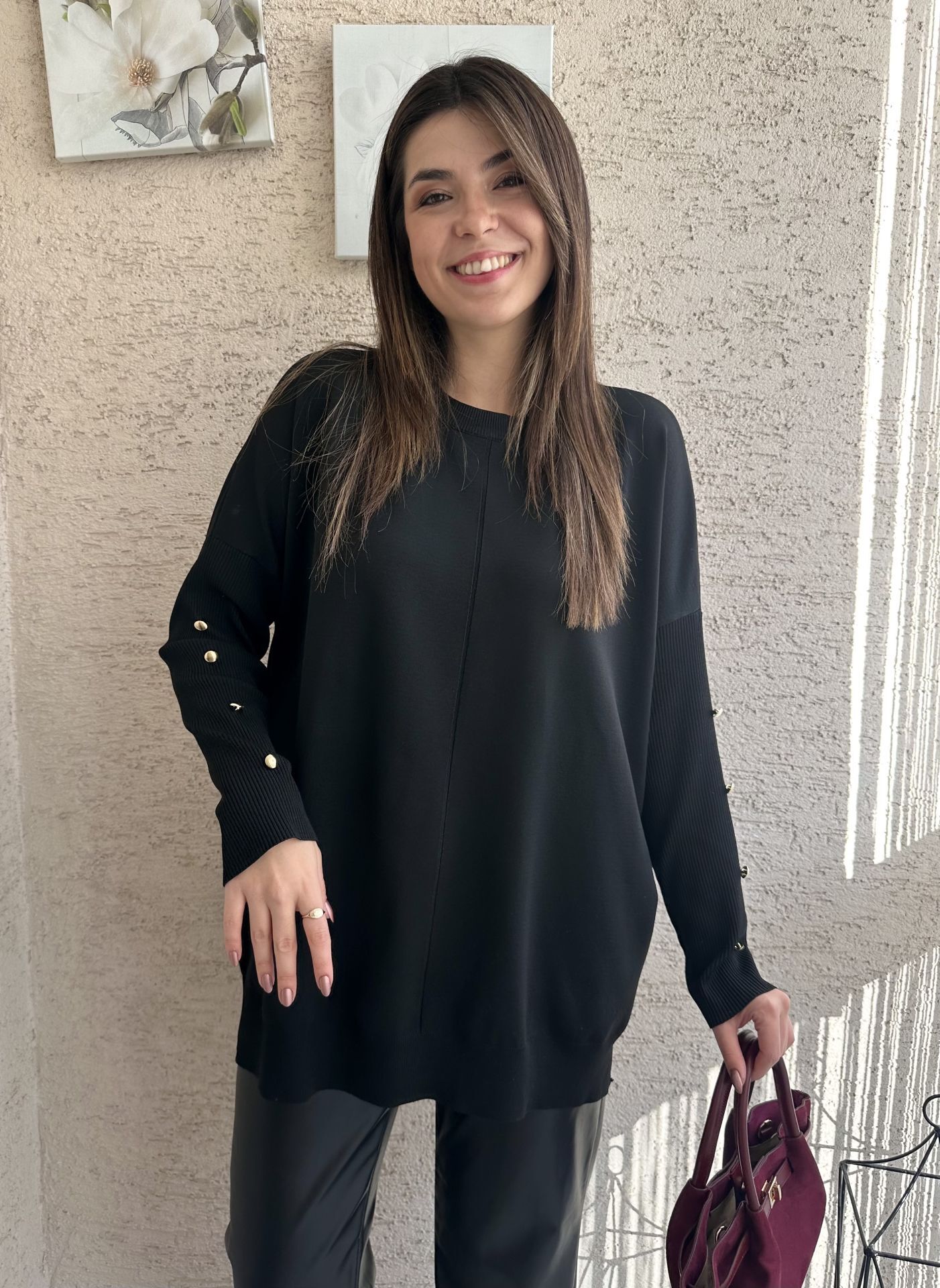 Siyah Gold Düğmeli Merserize Triko