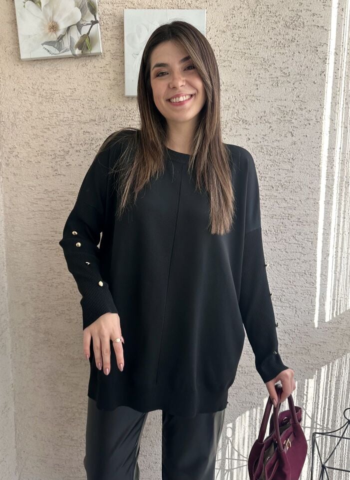 Siyah Gold Düğmeli Merserize Triko