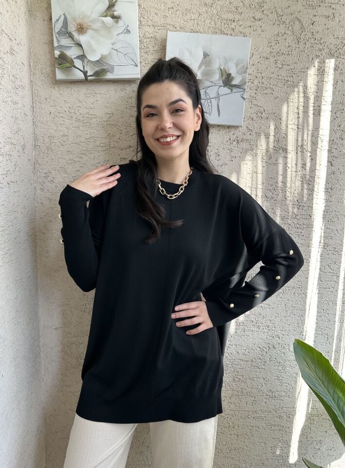 Siyah Gold Düğmeli Merserize Triko