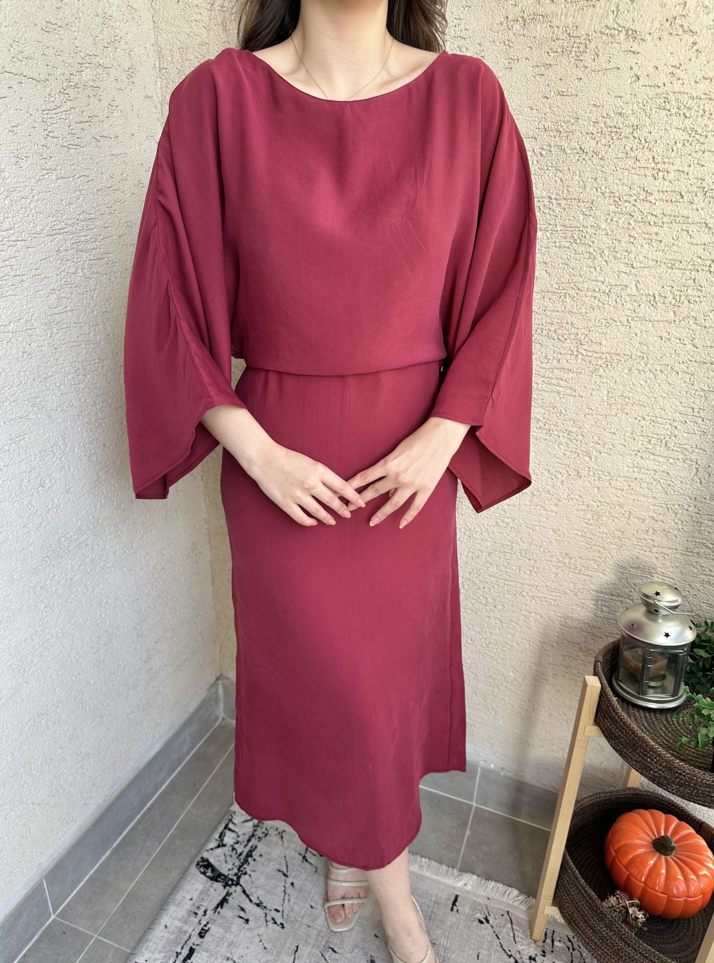 Yarasa Kol Bordo Tensel Elbise