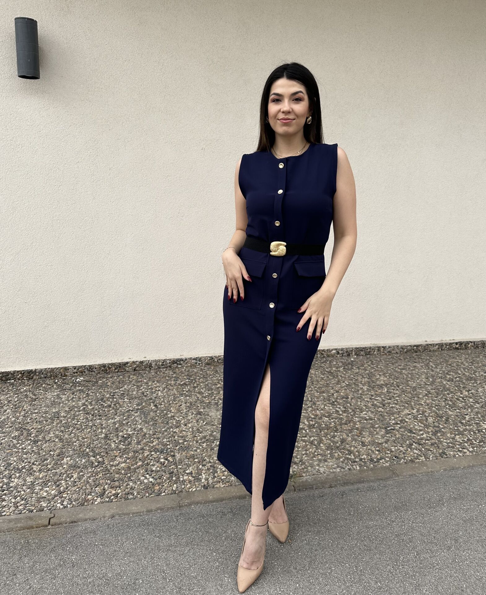 Alya Gold Aksesuarlı Lacivert Midi Elbise