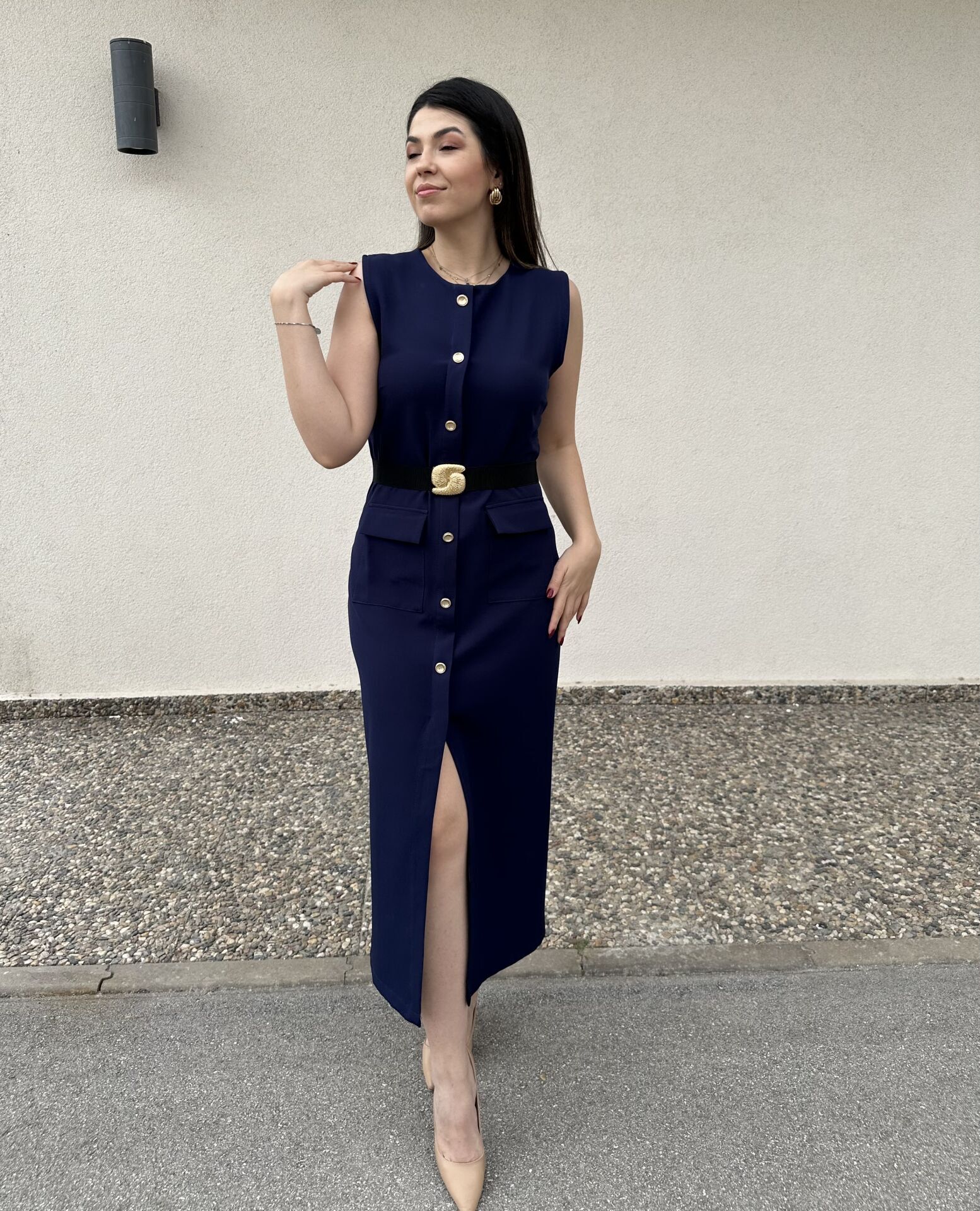 Alya Gold Aksesuarlı Lacivert Midi Elbise