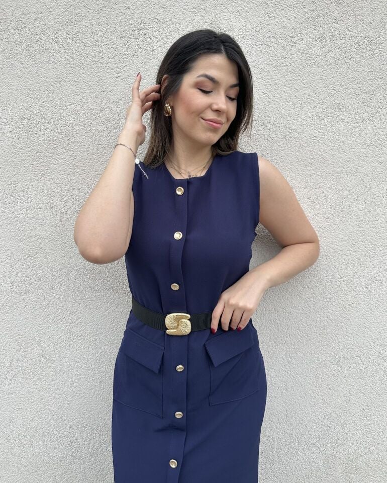 Alya Gold Aksesuarlı Lacivert Midi Elbise