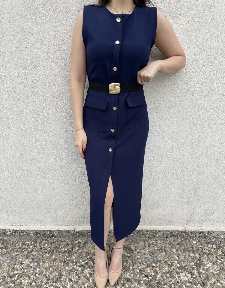 Alya Gold Aksesuarlı Lacivert Midi Elbise