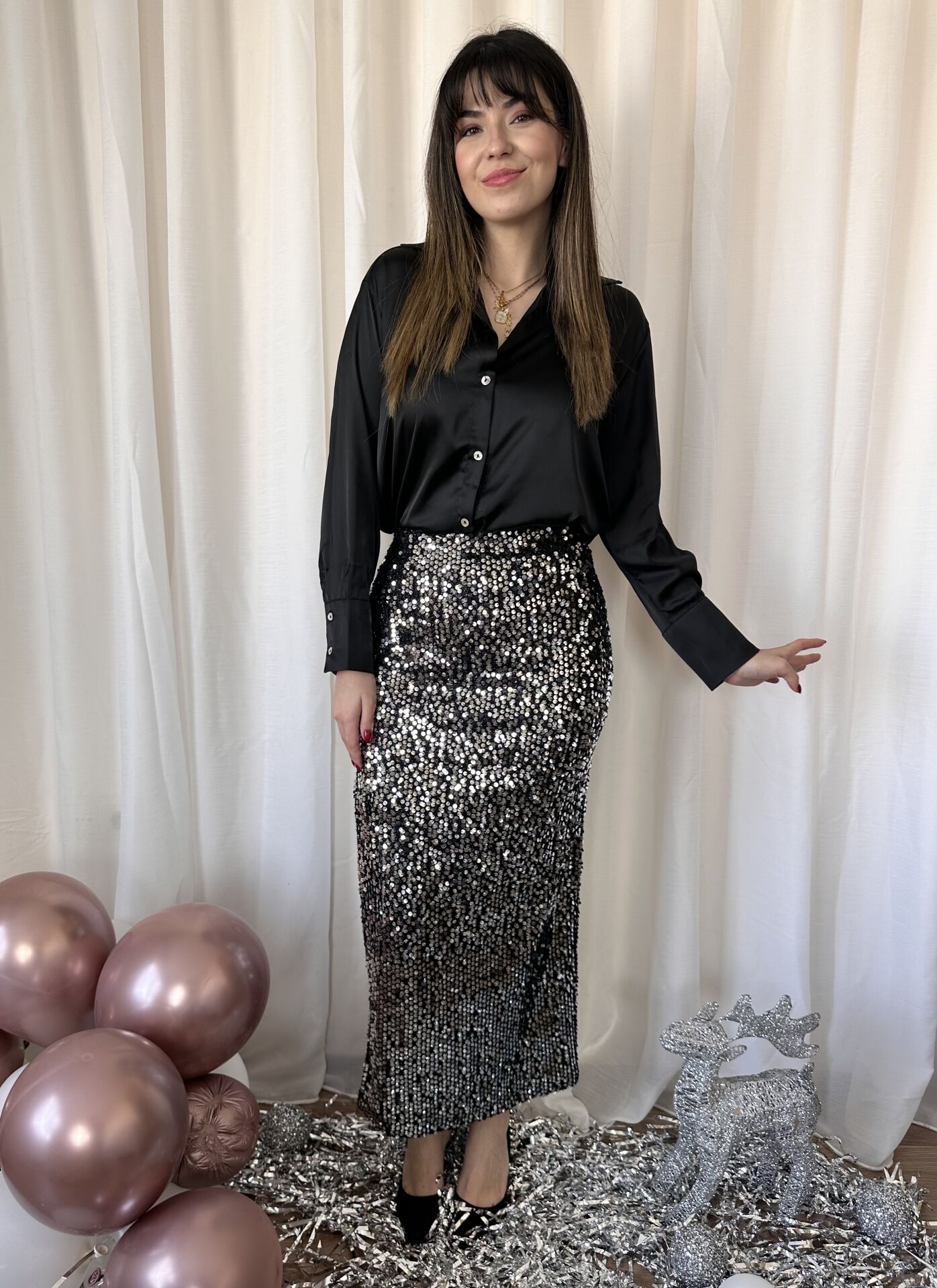 Gümüş Payet Maksi Etek