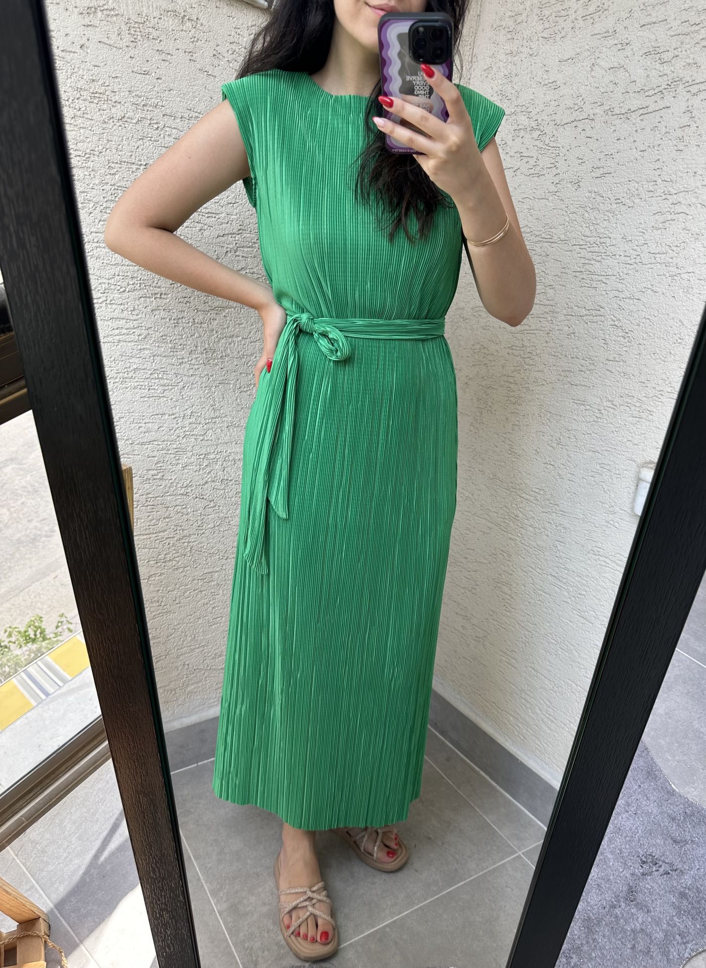 Açık Yeşil  Vatkalı Piliseli Elbise