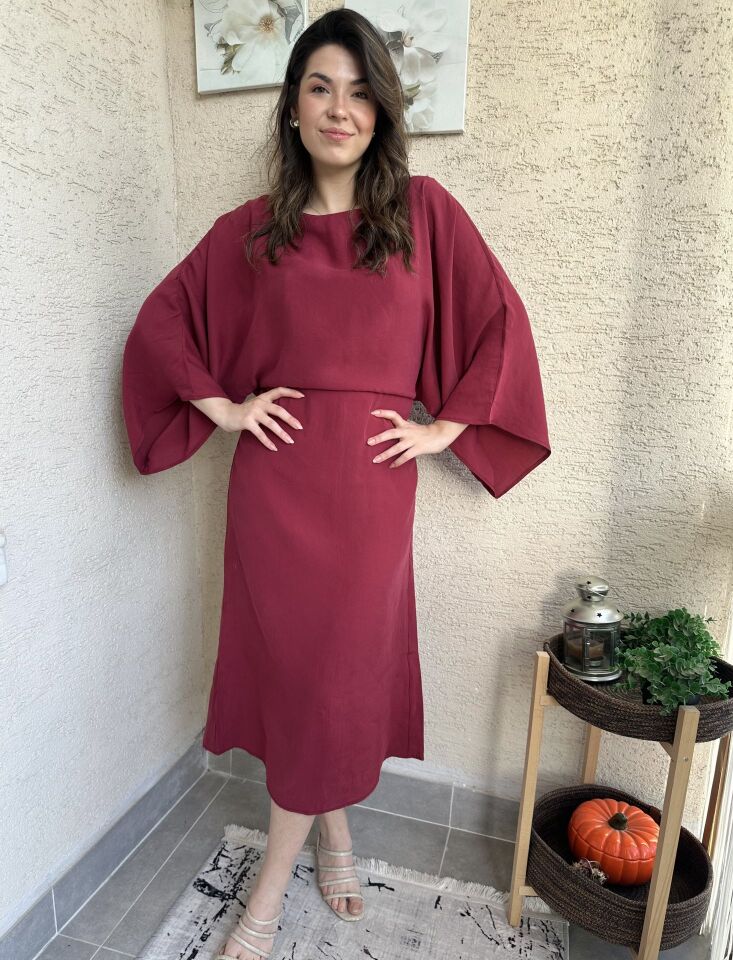 Yarasa Kol Bordo Tensel Elbise