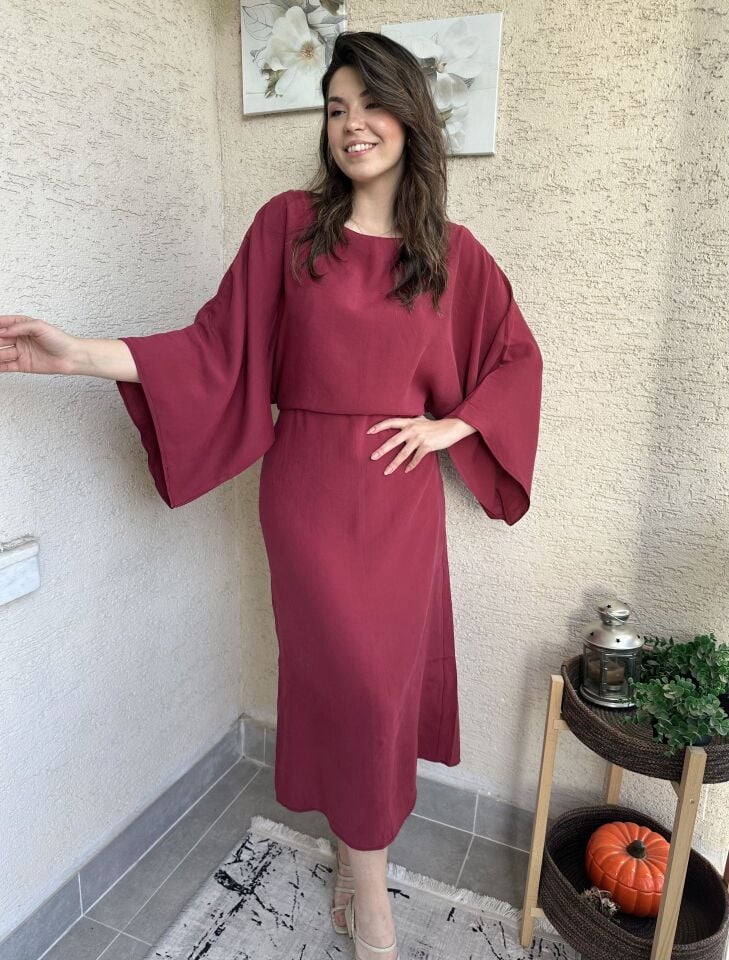 Yarasa Kol Bordo Tensel Elbise