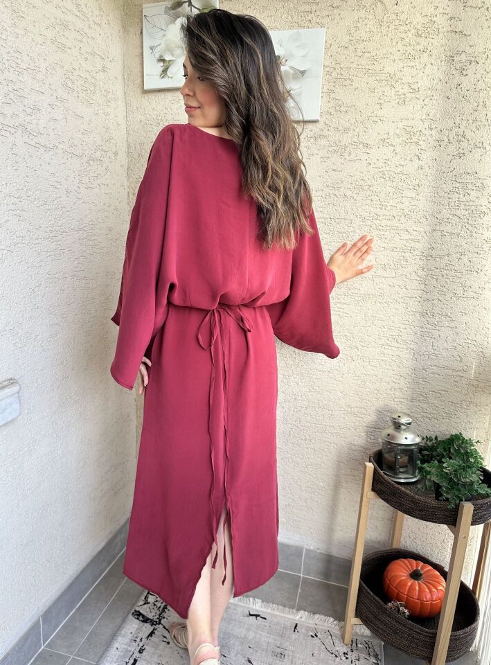 Yarasa Kol Bordo Tensel Elbise