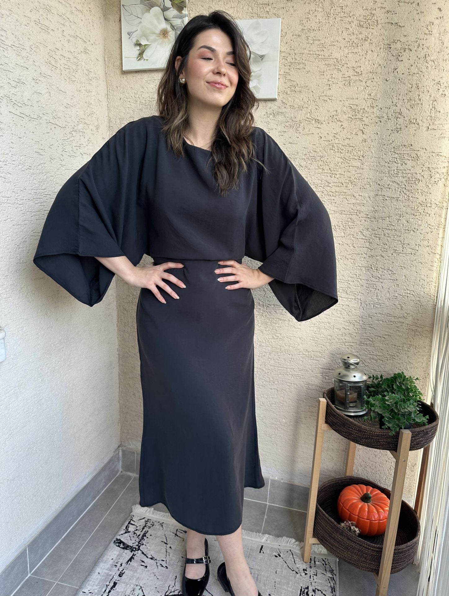 Yarasa Kol Tensel Elbise Siyah