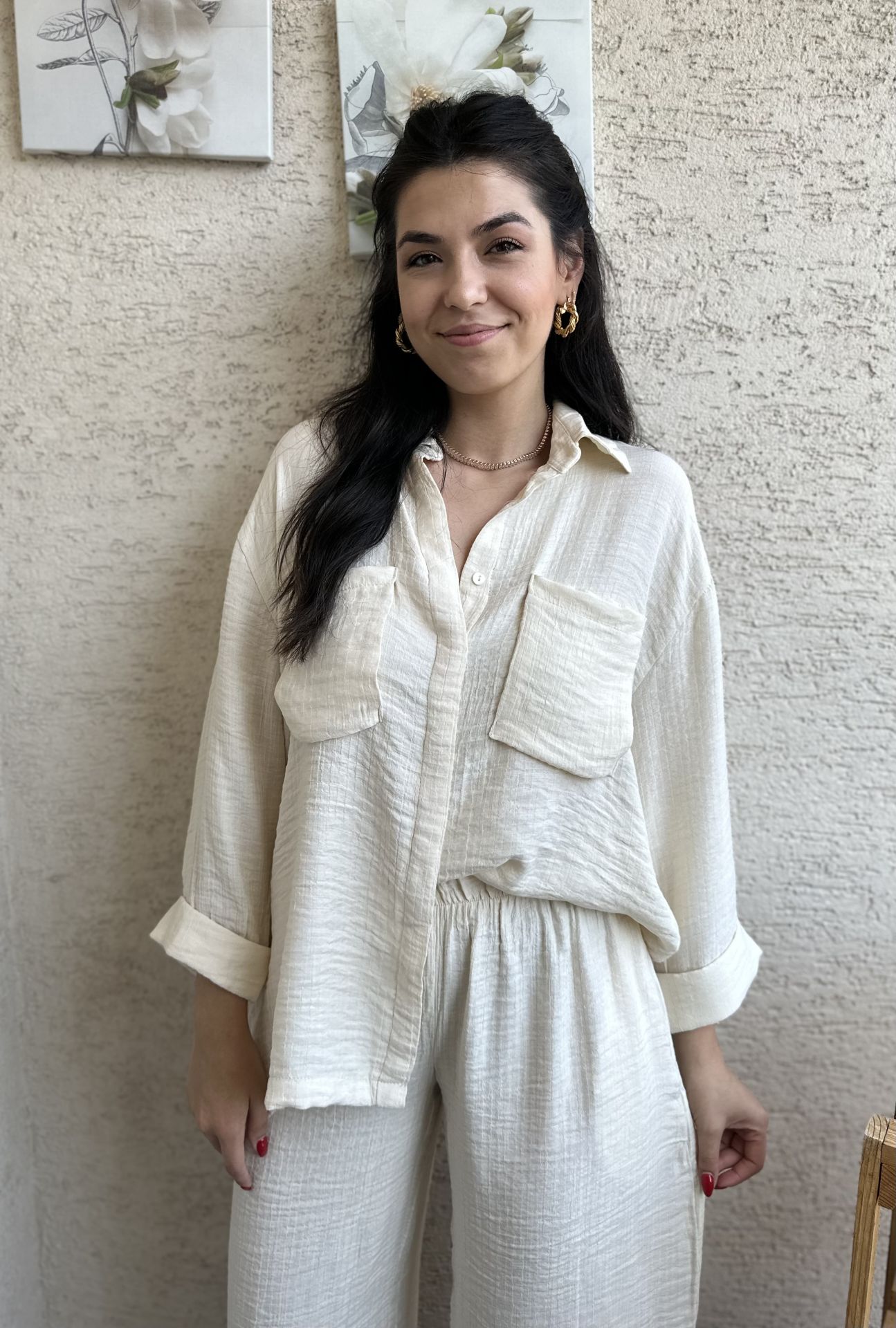 Taş Rengi Keten Palazzo Takım