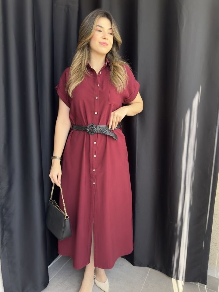 Bordo Deri Kemerli Gömlek Elbise