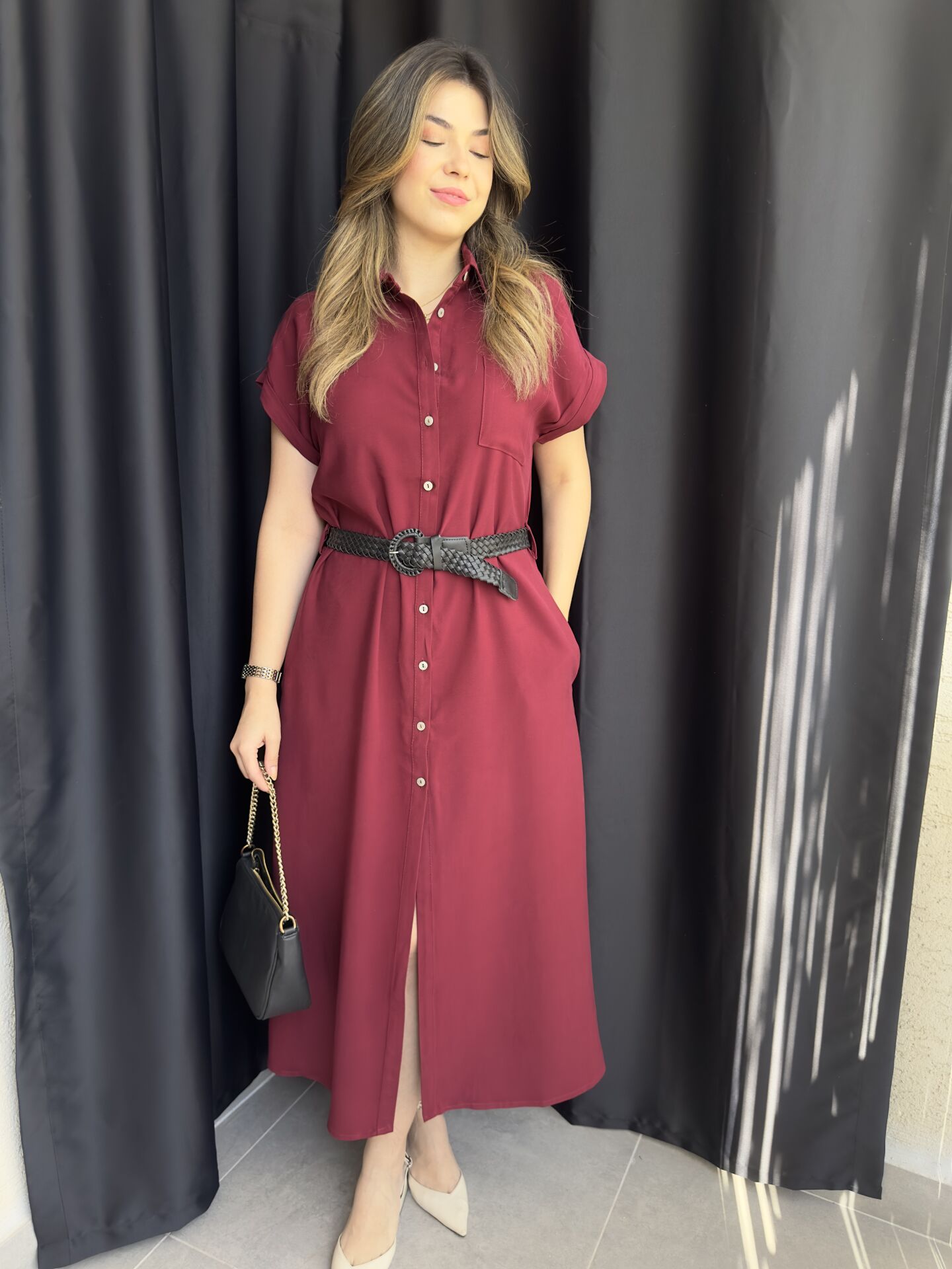 Bordo Deri Kemerli Gömlek Elbise