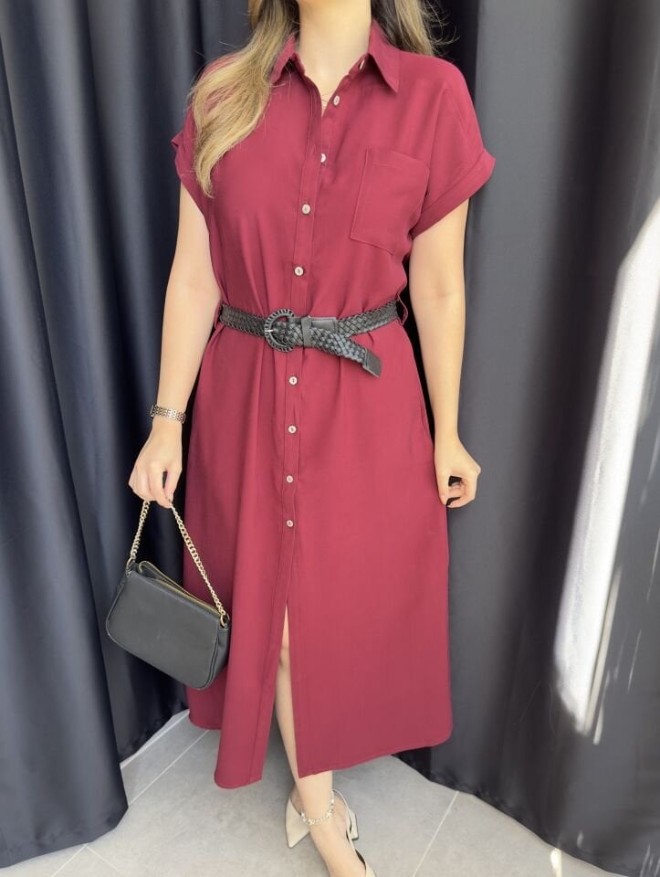 Bordo Deri Kemerli Gömlek Elbise