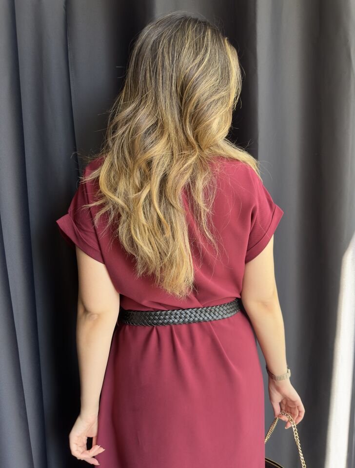 Bordo Deri Kemerli Gömlek Elbise