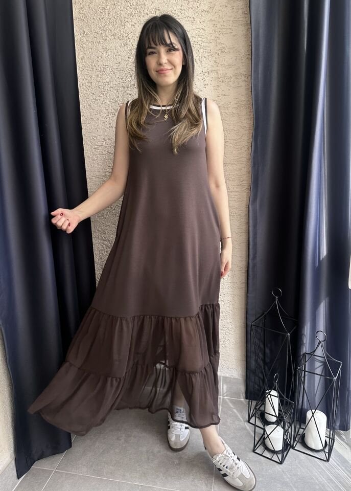 Ribanalı Kahve Modal Elbise