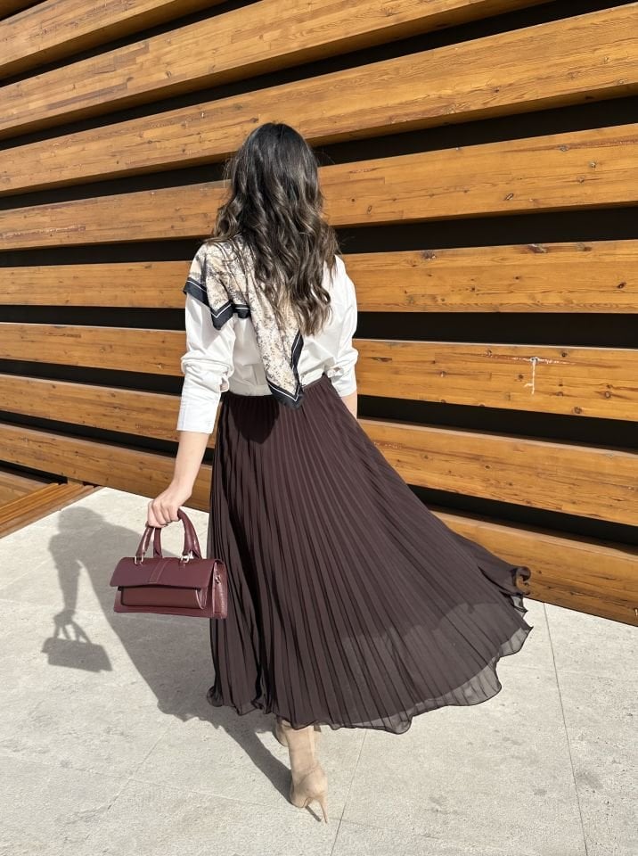 Kahverengi Piliseli Fırfırlı Şifon Etek