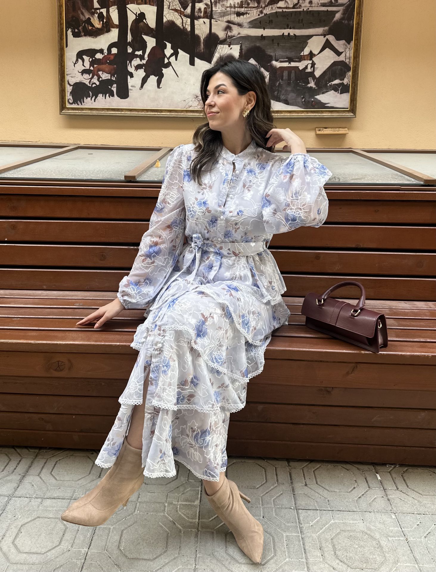 Floresta Mavi Çiçekli Tasarım Kat Kat Elbise