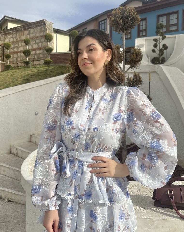 Floresta Mavi Çiçekli Tasarım Kat Kat Elbise