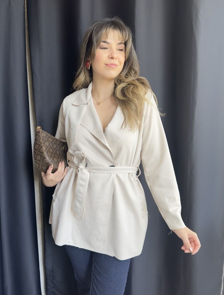 Bej Süet Kısa Trençkot