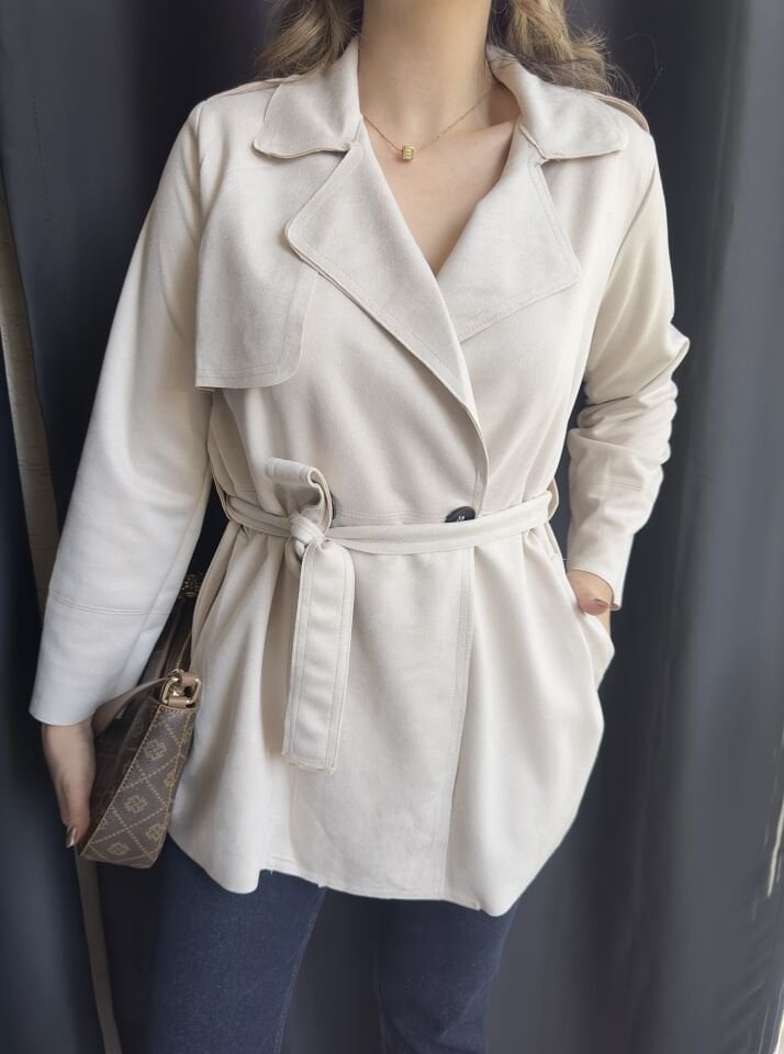 Bej Süet Kısa Trençkot