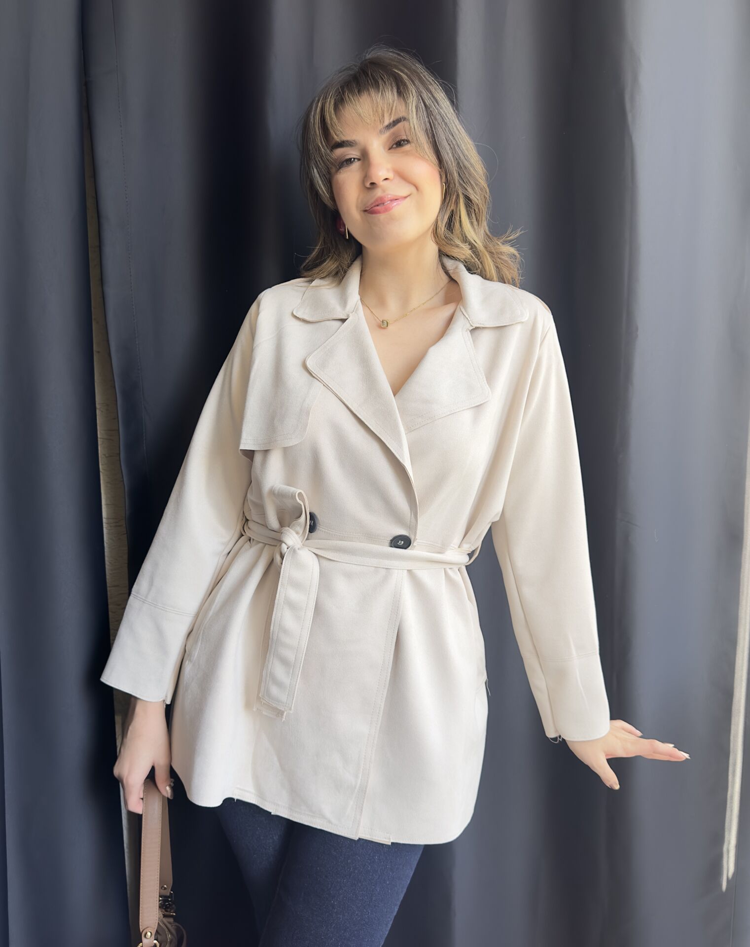 Bej Süet Kısa Trençkot