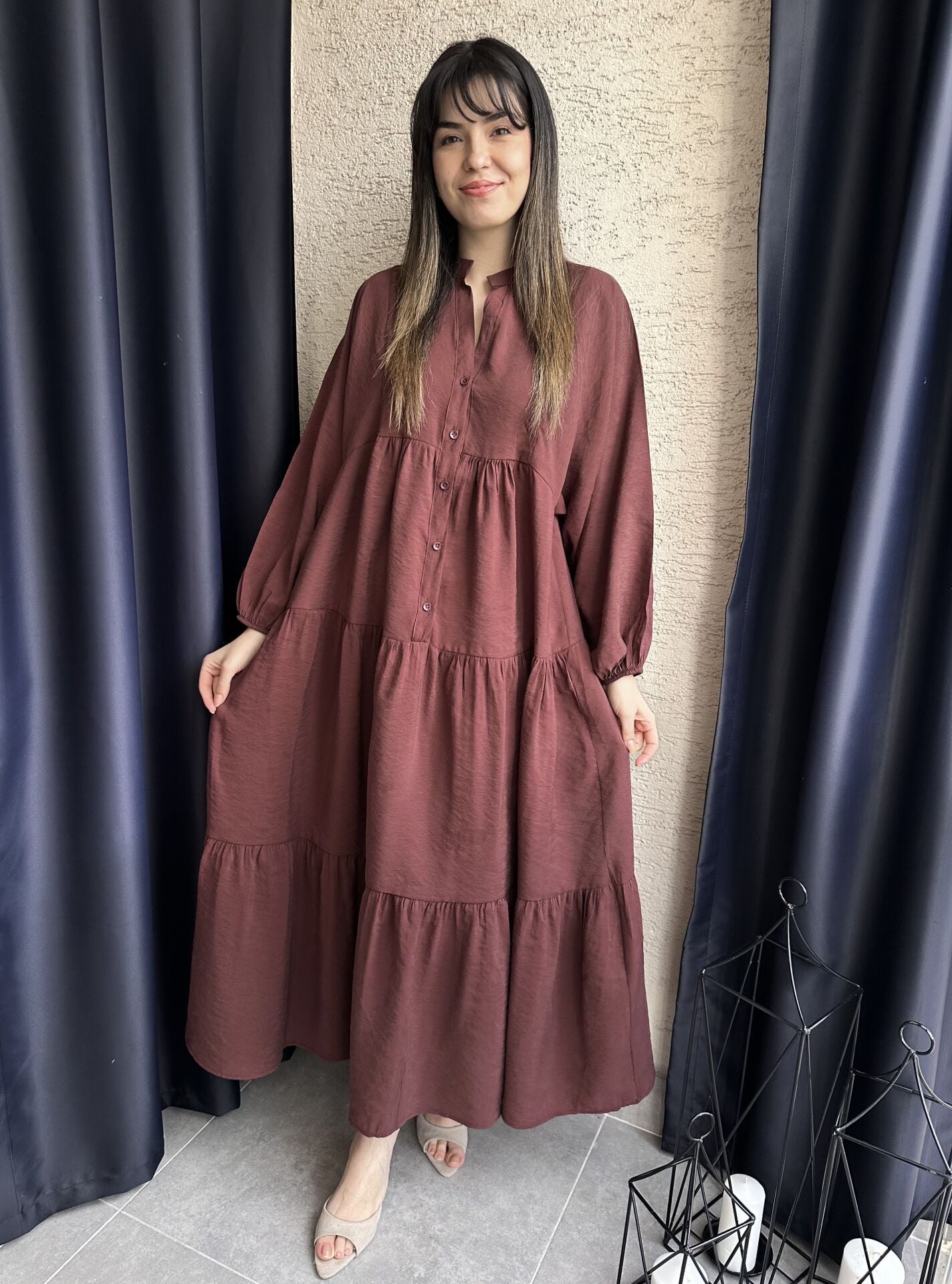 Mürdüm Balon Kol Maksi Elbise