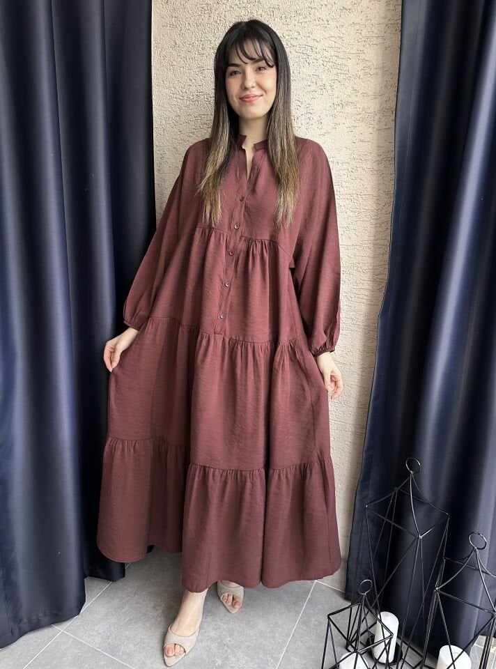 Mürdüm Balon Kol Maksi Elbise