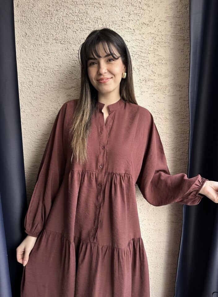 Mürdüm Balon Kol Maksi Elbise